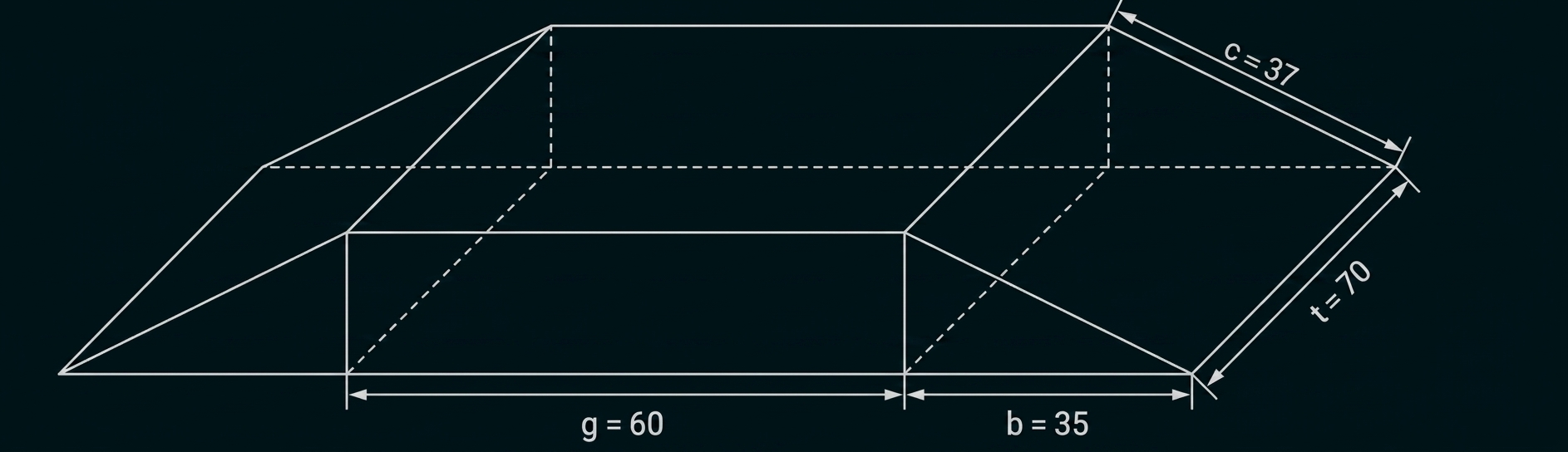 Geometrische Skizze mit Maßen und Linien einer dreidimensionalen Form